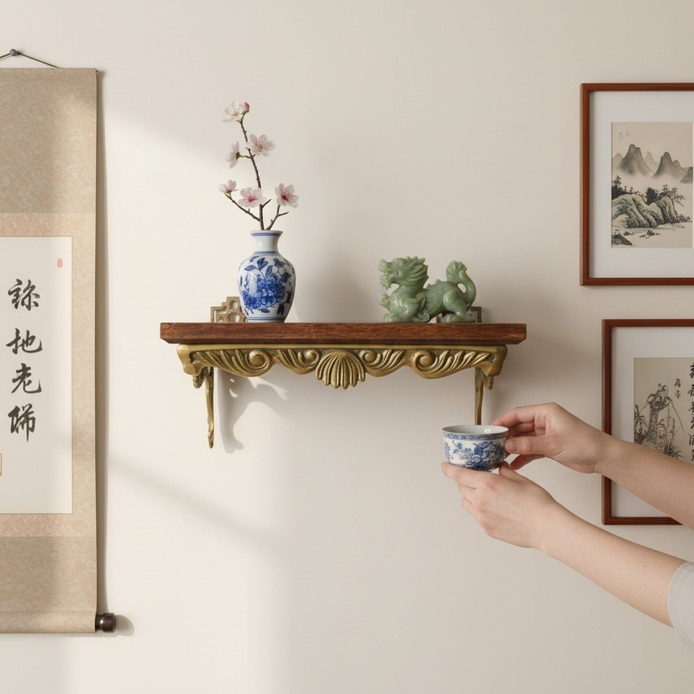 Vintage MCM Brass and Wood Wall Shelf, Ornate Asian Wall Display, Shelving